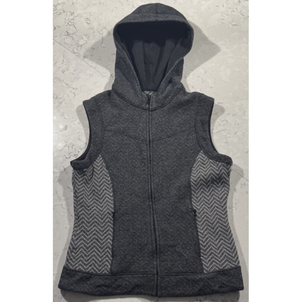 prAna Maura Wool Blend Hooded Vest Women Large Gray Herringbone Sweater Full Zip